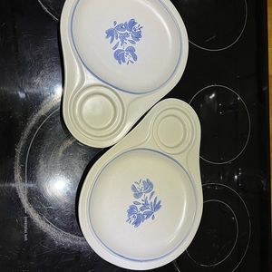 Two Pfaltzgraff snack and drink plates stone pottery, blue flower